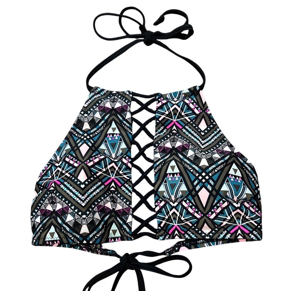 Rue Bleu Rue21 Geometric Tribal Lace Up High Neck Halter Bikini Top Size M Boho